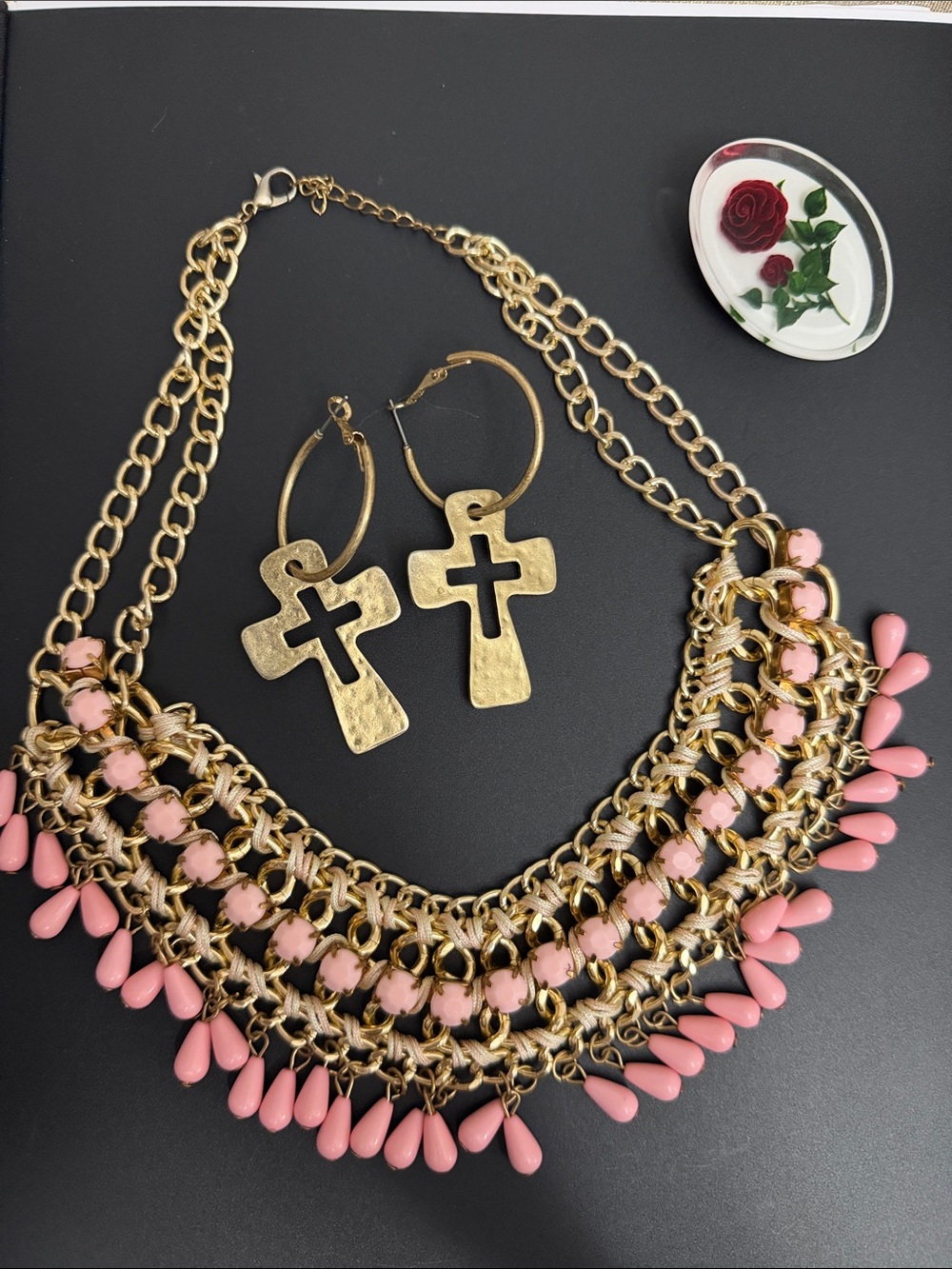 Gold Tone Pink Bead Statement Necklace with Cross Hoop Earrings and Rose pendant